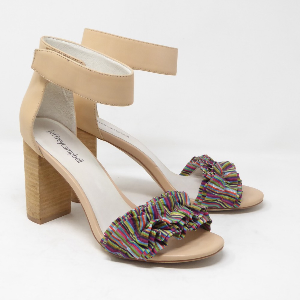 Jeffrey Campbell Lindsay Ruffle Ankle Strap Heels Block Heel Beige Size 8